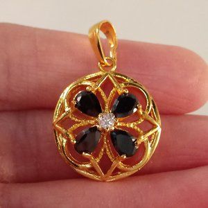 18K Yellow Gold Filled Flower Black Onyx Diamond Zircon Carved Necklace Pendant